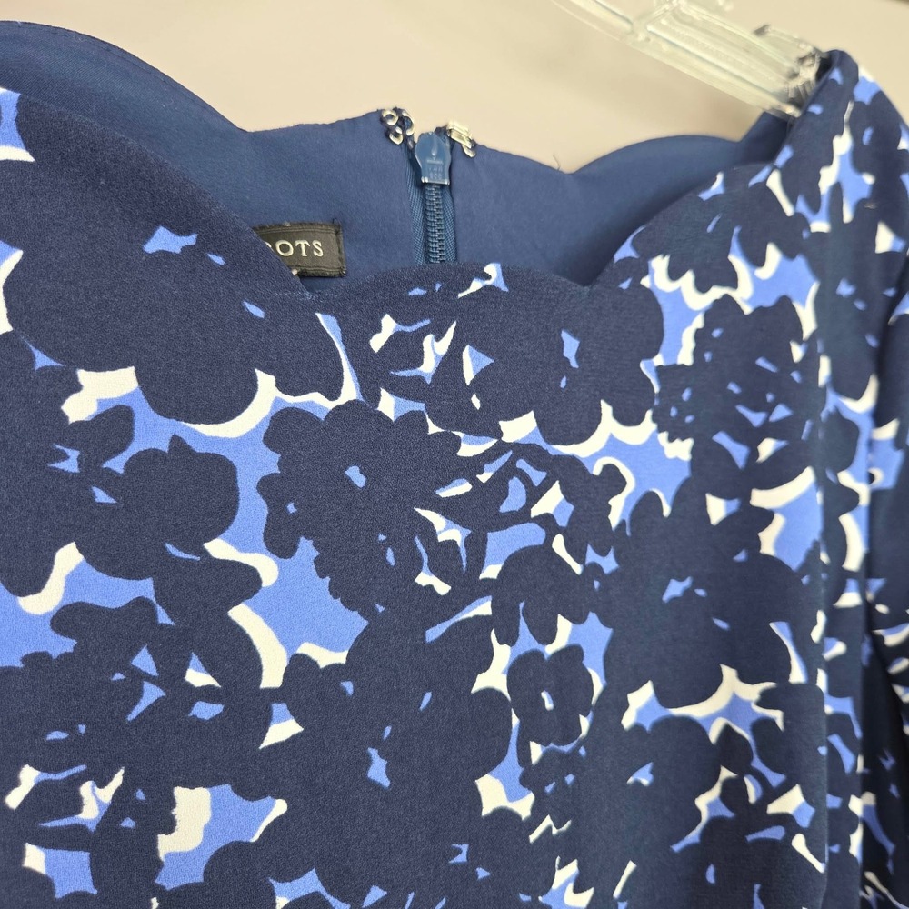 Talbots Blue Floral Scalloped Neck Sheath Dress 3/4 Sleeve Navy White Size 2 - Picture 9 of 16